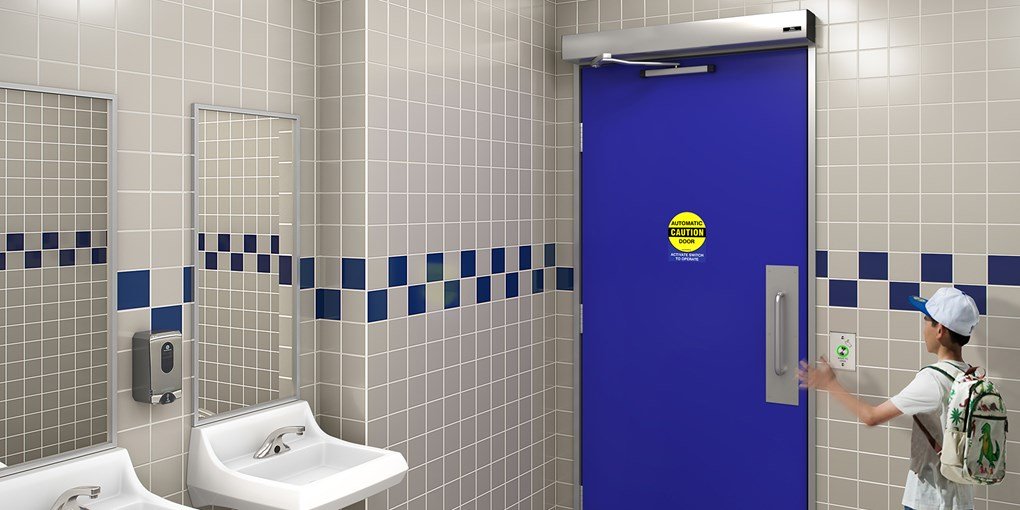 Bathroom automatic door with a wave button to open
